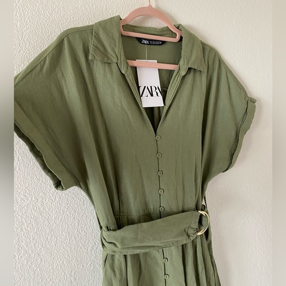 NWT! Zara Light Khaki Linen Blend Dress - Size Large (runs small!) - Picture 3 of 6